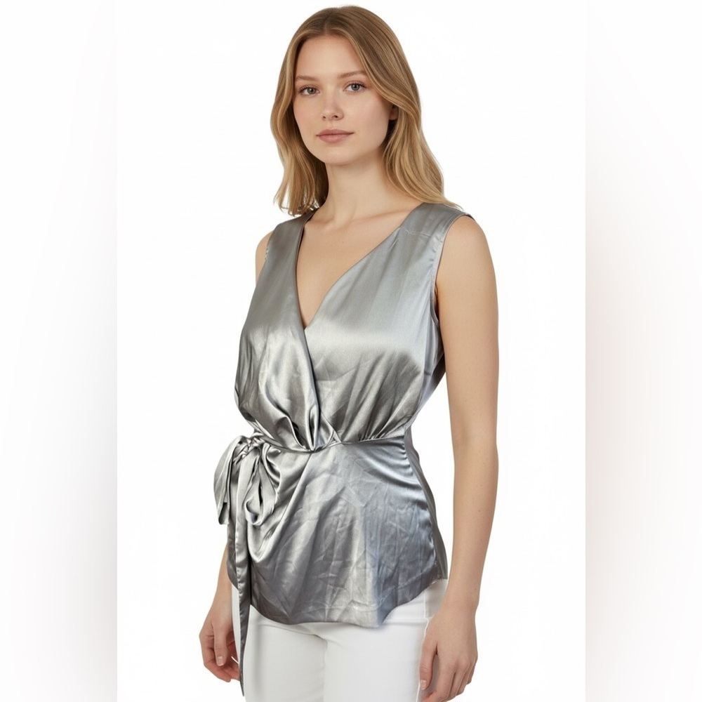 New York & Company Satin Wrap Blouse Silver Gray Sleeveless Size L